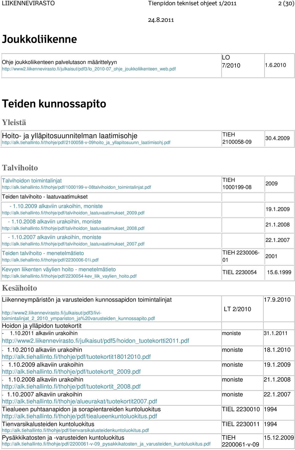 2009 Talvihoito Talvihoidon toimintalinjat http://alk.tiehallinto.fi/thohje/pdf/1000199-v-08talvihoidon_toimintalinjat.pdf Teiden talvihoito - laatuvaatimukset - 1.10.2009 alkaviin urakoihin, moniste http://alk.