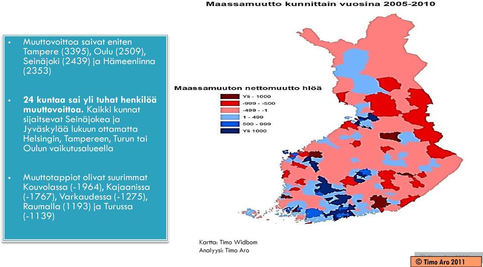 Kaikki kunnat sijaitsevat Seinäjokea ja Jyväskylää lukuun ottamatta Helsingin, Tampereen, Turun tai Oulun