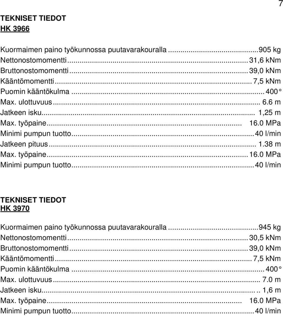 työpaine... 16.0 MPa Minimi pumpun tuotto...40 l/min TEKNISET TIEDOT HK 3970 Kuormaimen paino työkunnossa puutavarakouralla...945 kg Nettonostomomentti.