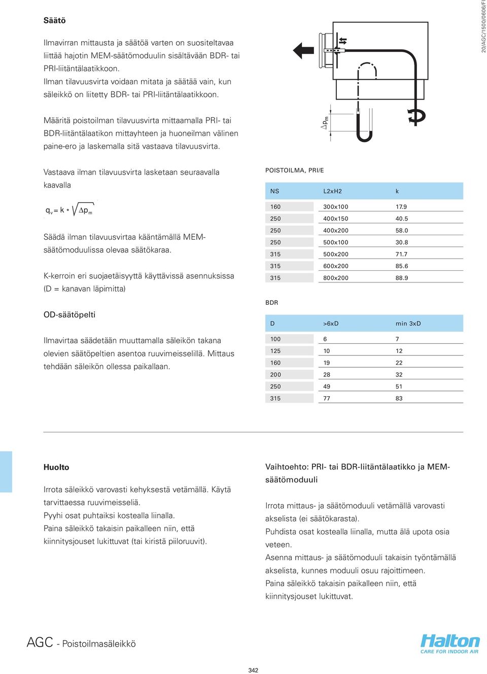 Määritä poistoilman tilavuusvirta mittaamalla PRI- tai BDR-liitäntälaatikon mittayhteen ja huoneilman välinen paine-ero ja laskemalla sitä vastaava tilavuusvirta.