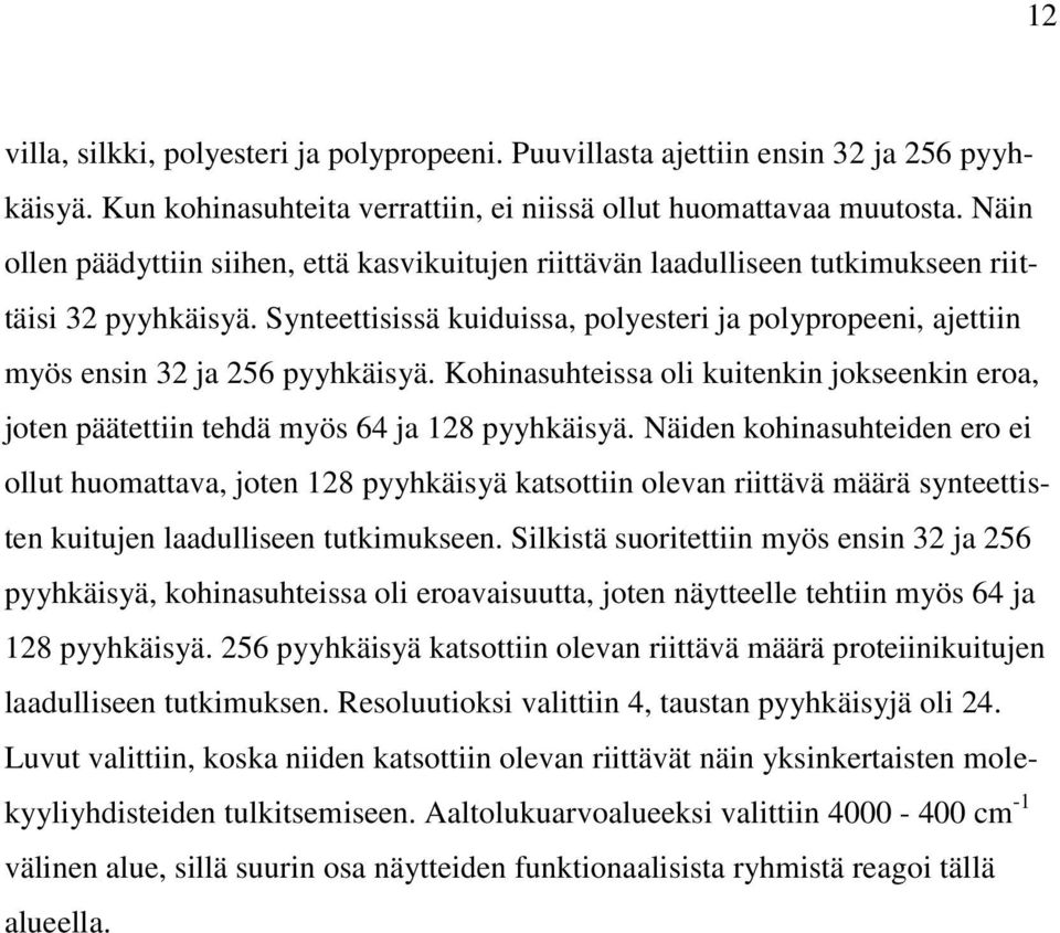 Synteettisissä kuiduissa, polyesteri ja polypropeeni, ajettiin myös ensin 32 ja 256 pyyhkäisyä. Kohinasuhteissa oli kuitenkin jokseenkin eroa, joten päätettiin tehdä myös 64 ja 128 pyyhkäisyä.