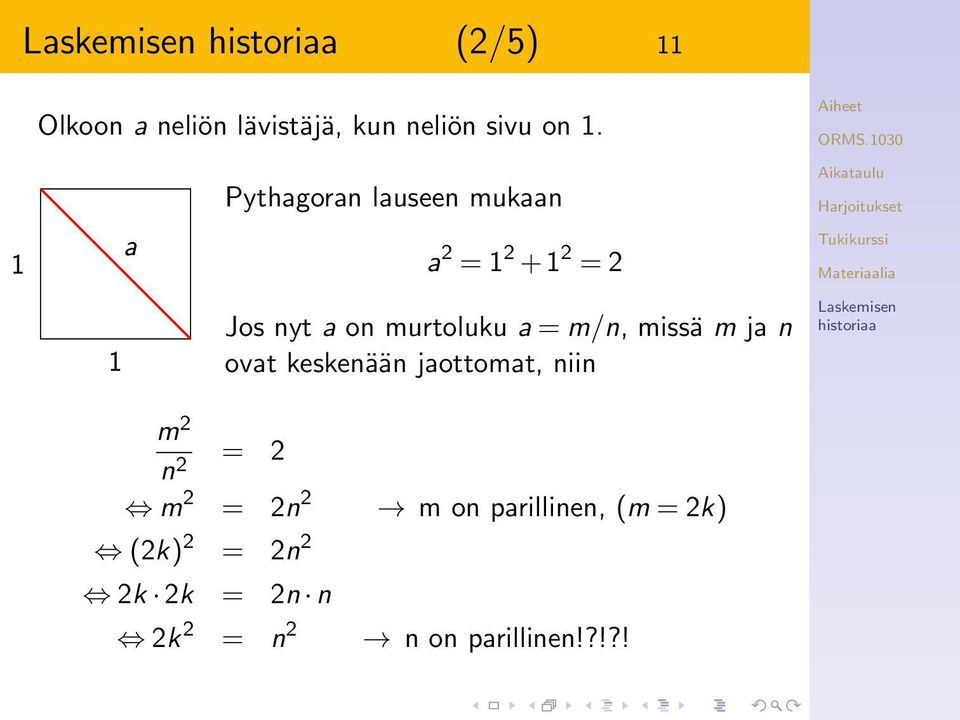 murtoluku a = m/n, missä m ja n ovat keskenään jaottomat, niin m 2 n 2 =