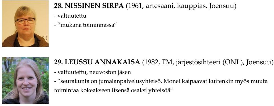 LEUSSU ANNAKAISA (1982, FM, järjestösihteeri (ONL), Joensuu) - valtuutettu,