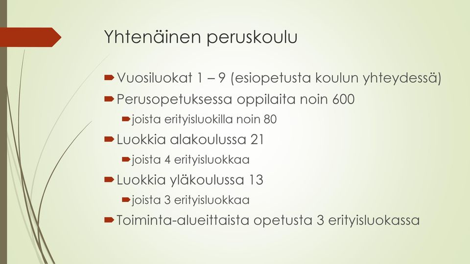 Luokkia alakoulussa 21 joista 4 erityisluokkaa Luokkia yläkoulussa 13