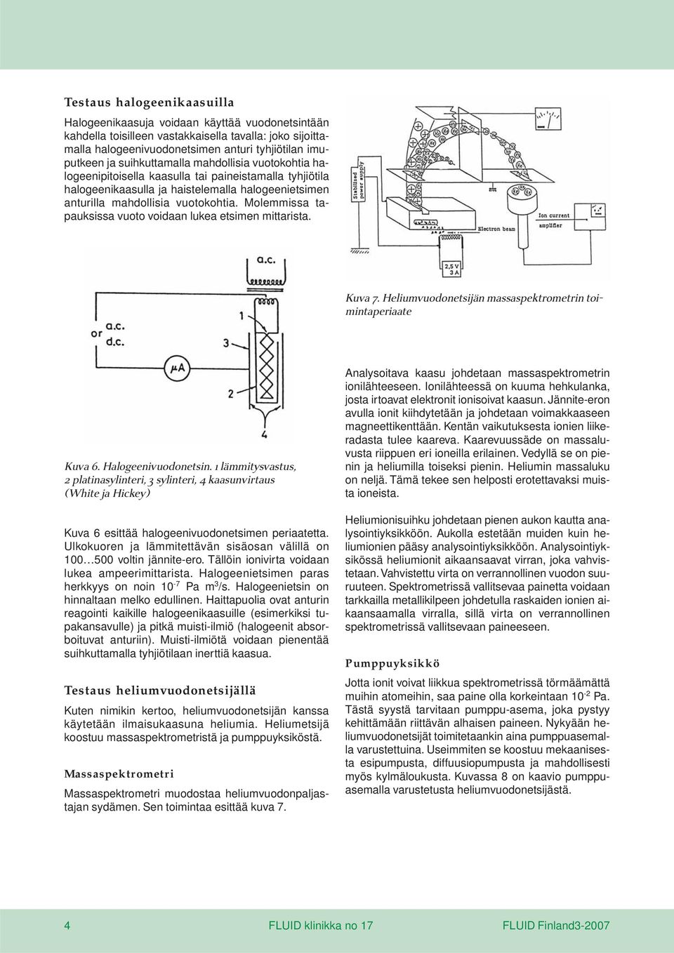 Molemmissa tapauksissa vuoto voidaan lukea etsimen mittarista. Kuva 7. Heliumvuodonetsijän massaspektrometrin toimintaperiaate Kuva 6. Halogeenivuodonetsin.