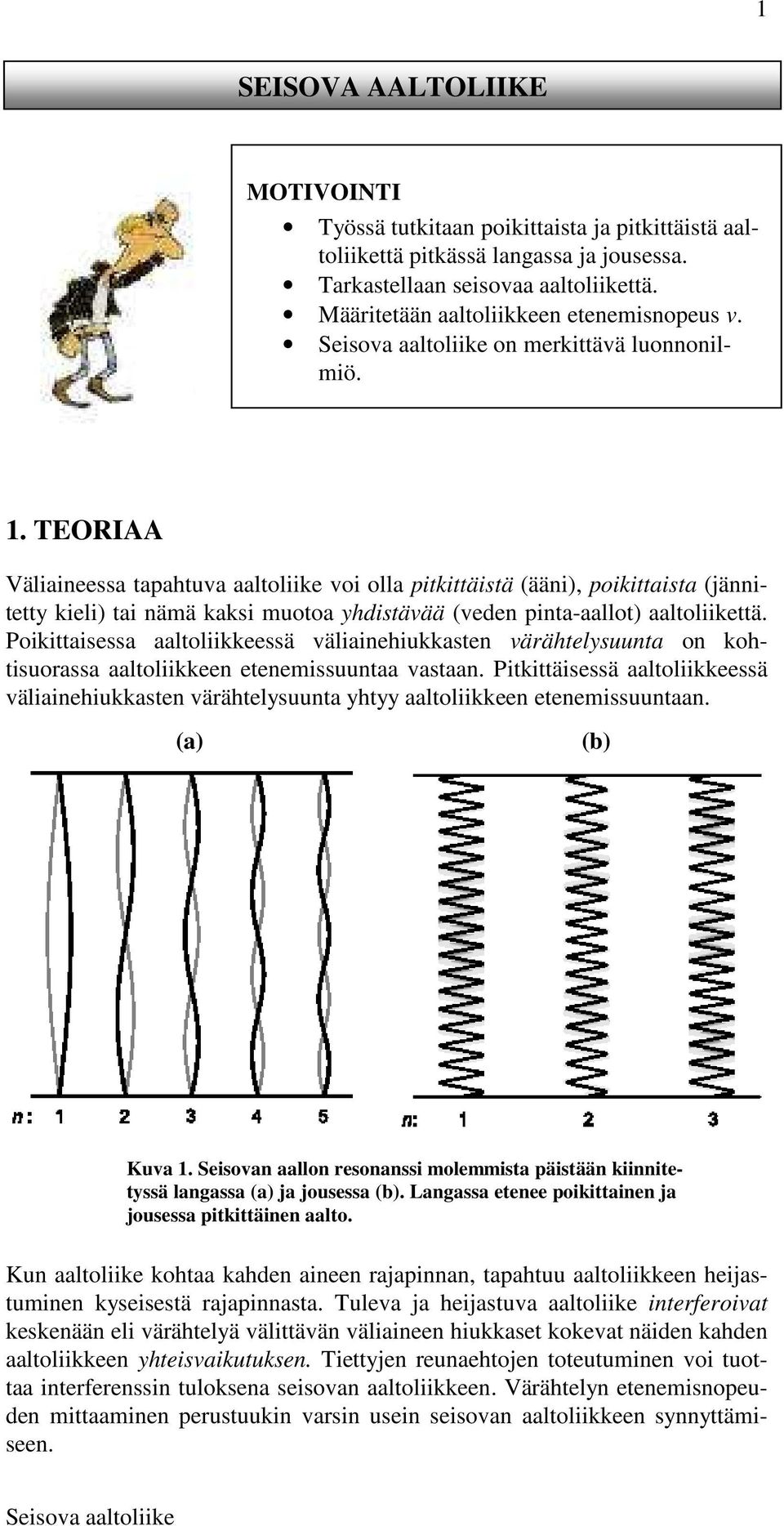 TEORIAA Väliaineessa tapahtuva aaltoliike voi olla pitkittäistä (ääni), poikittaista (jännitetty kieli) tai nämä kaksi muotoa yhdistävää (veden pinta-aallot) aaltoliikettä.