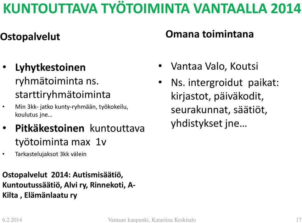 Tarkastelujaksot 3kk välein Vantaa Valo, Koutsi Ns.