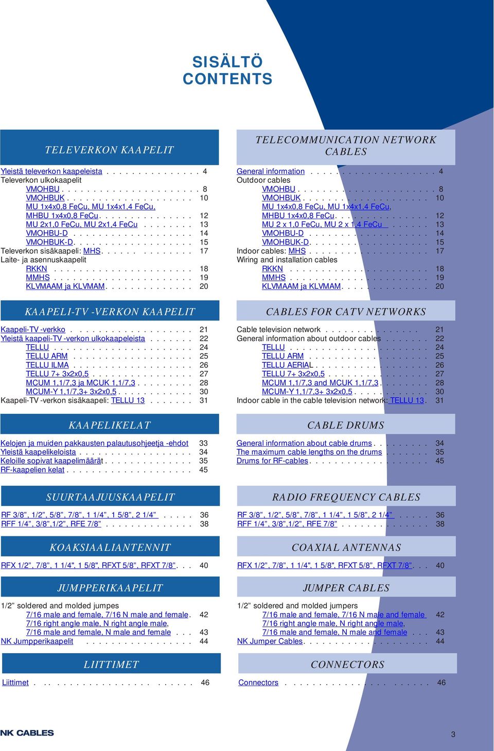 .................. 15 Televerkon sisäkaapeli: MHS.............. 17 Laite ja asennuskaapelit RKKN...................... 18 MMHS...................... 19 KLVMAAM ja KLVMAM.