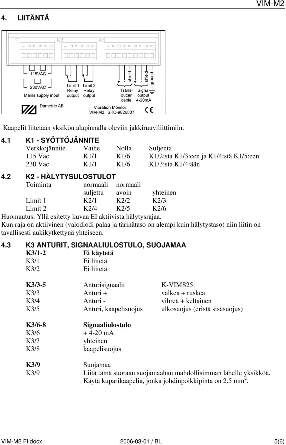 2 K2 - HÄLYTYSULOSTULOT Toiminta normaali normaali suljettu avoin yhteinen Limit 1 K2/1 K2/2 K2/3 Limit 2 K2/4 K2/5 K2/6 Huomautus. Yllä esitetty kuvaa EI aktiivista hälytysrajaa.