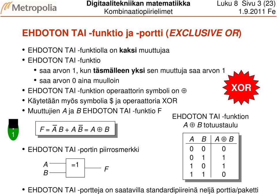 muulloin EHDOTON TI -funktion operaattorin symboli on Käytetään myös symbolia $ ja operaattoria XOR Muuttujien ja B EHDOTON TI