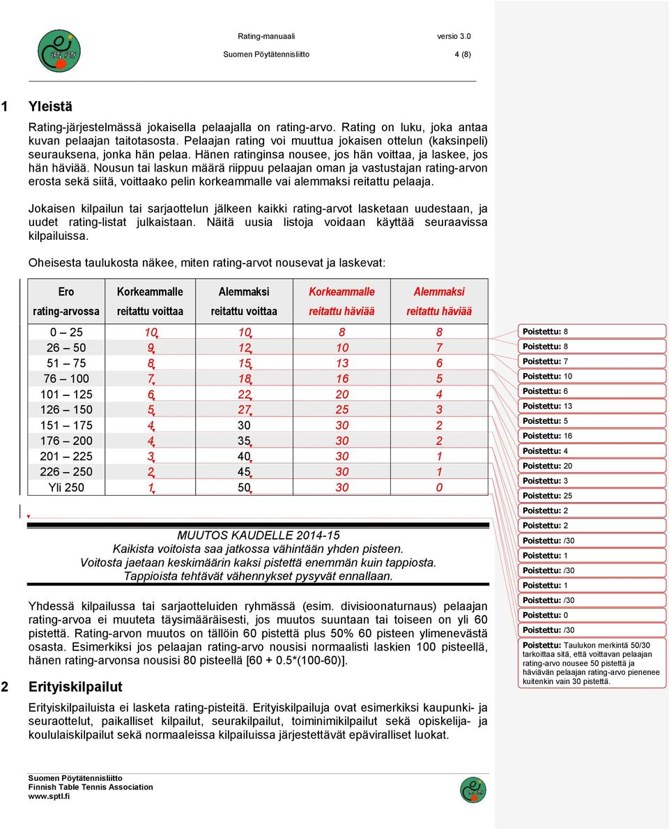 Nousun tai laskun määrä riippuu pelaajan oman ja vastustajan rating-arvon erosta sekä siitä, voittaako pelin korkeammalle vai alemmaksi reitattu pelaaja.