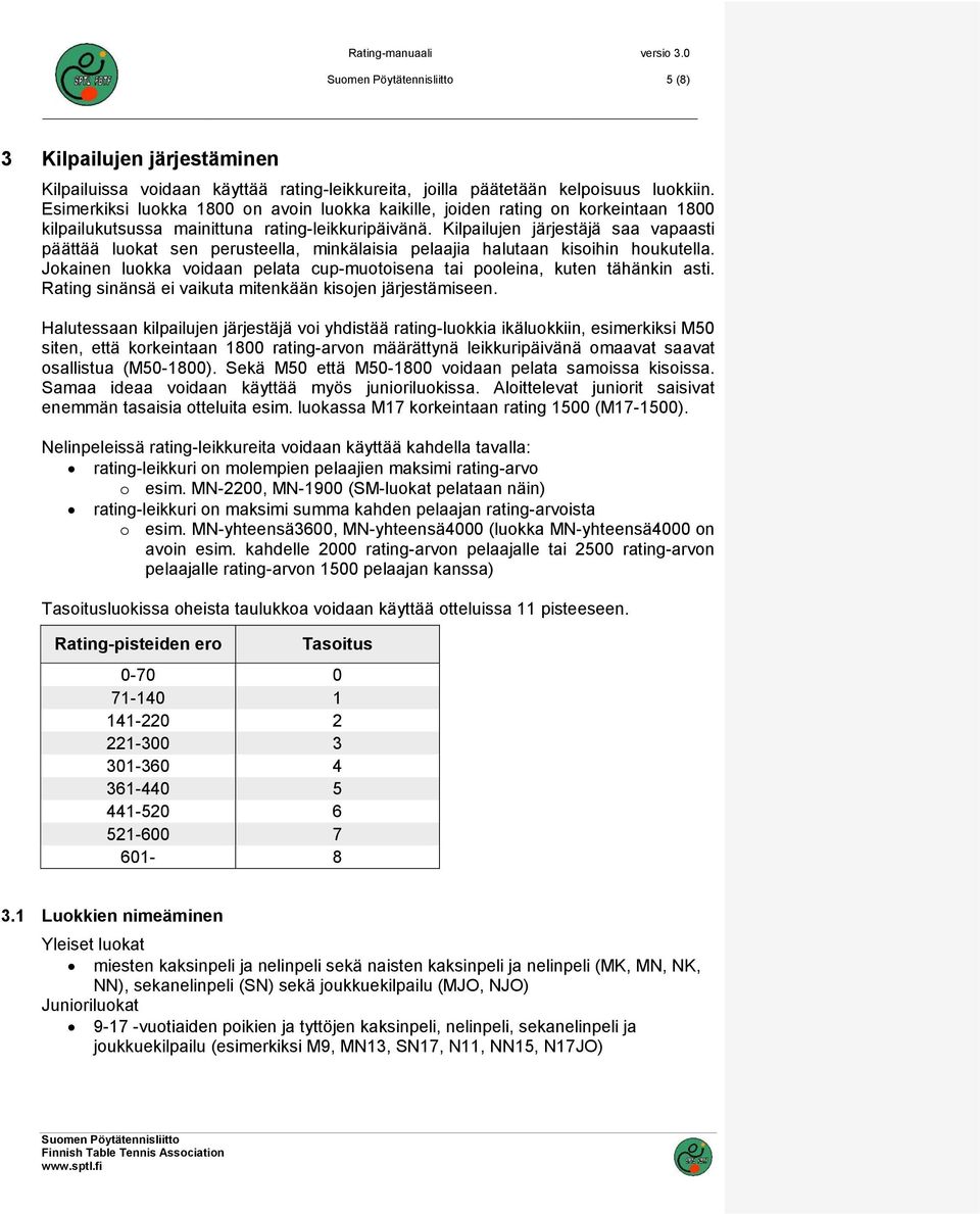 Kilpailujen järjestäjä saa vapaasti päättää luokat sen perusteella, minkälaisia pelaajia halutaan kisoihin houkutella. Jokainen luokka voidaan pelata cup-muotoisena tai pooleina, kuten tähänkin asti.