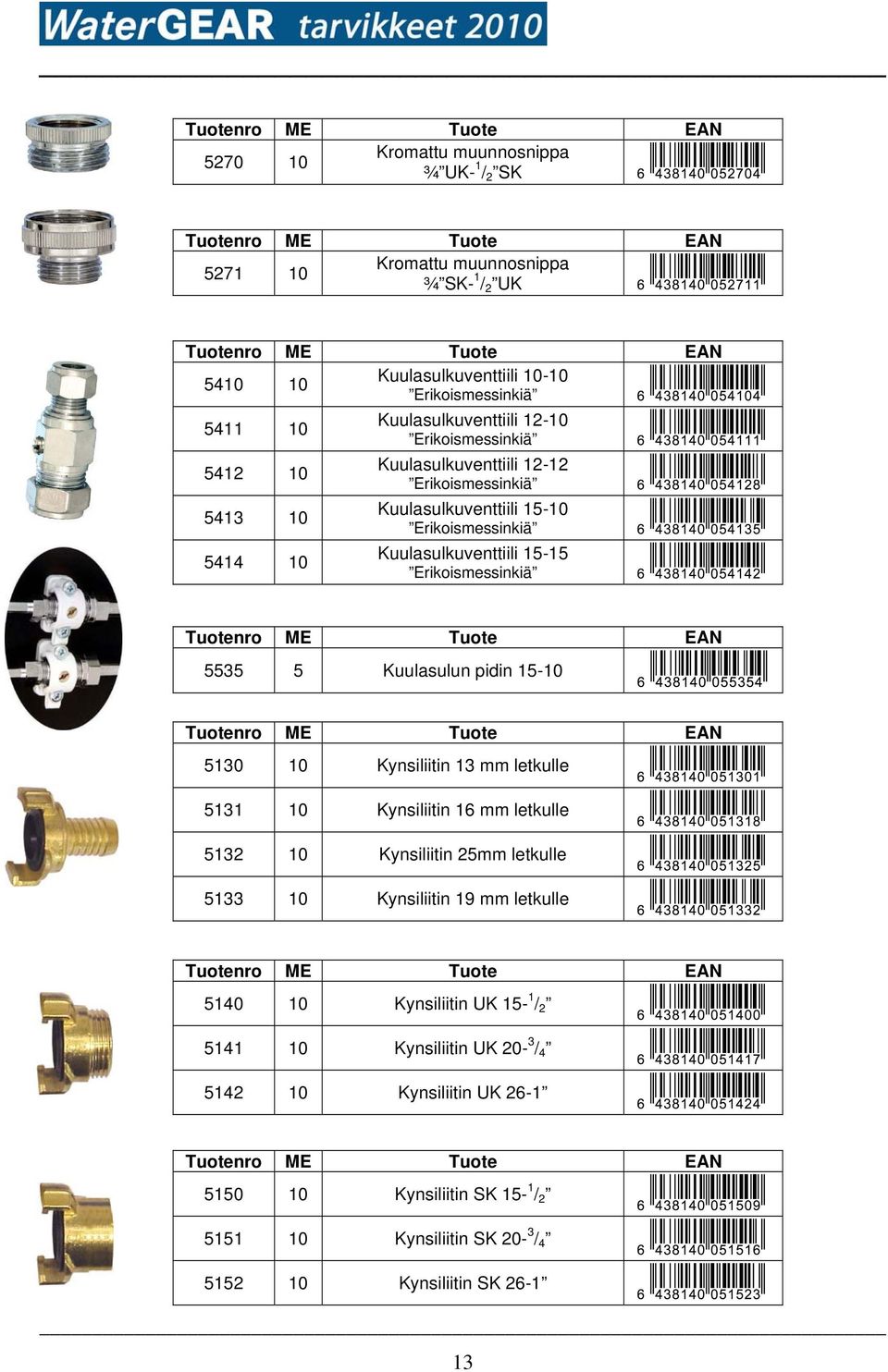 5535 5 Kuulasulun pidin 15-10 5130 10 Kynsiliitin 13 mm letkulle 5131 10 Kynsiliitin 16 mm letkulle 5132 10 Kynsiliitin 25mm letkulle 5133 10 Kynsiliitin 19 mm letkulle 5140