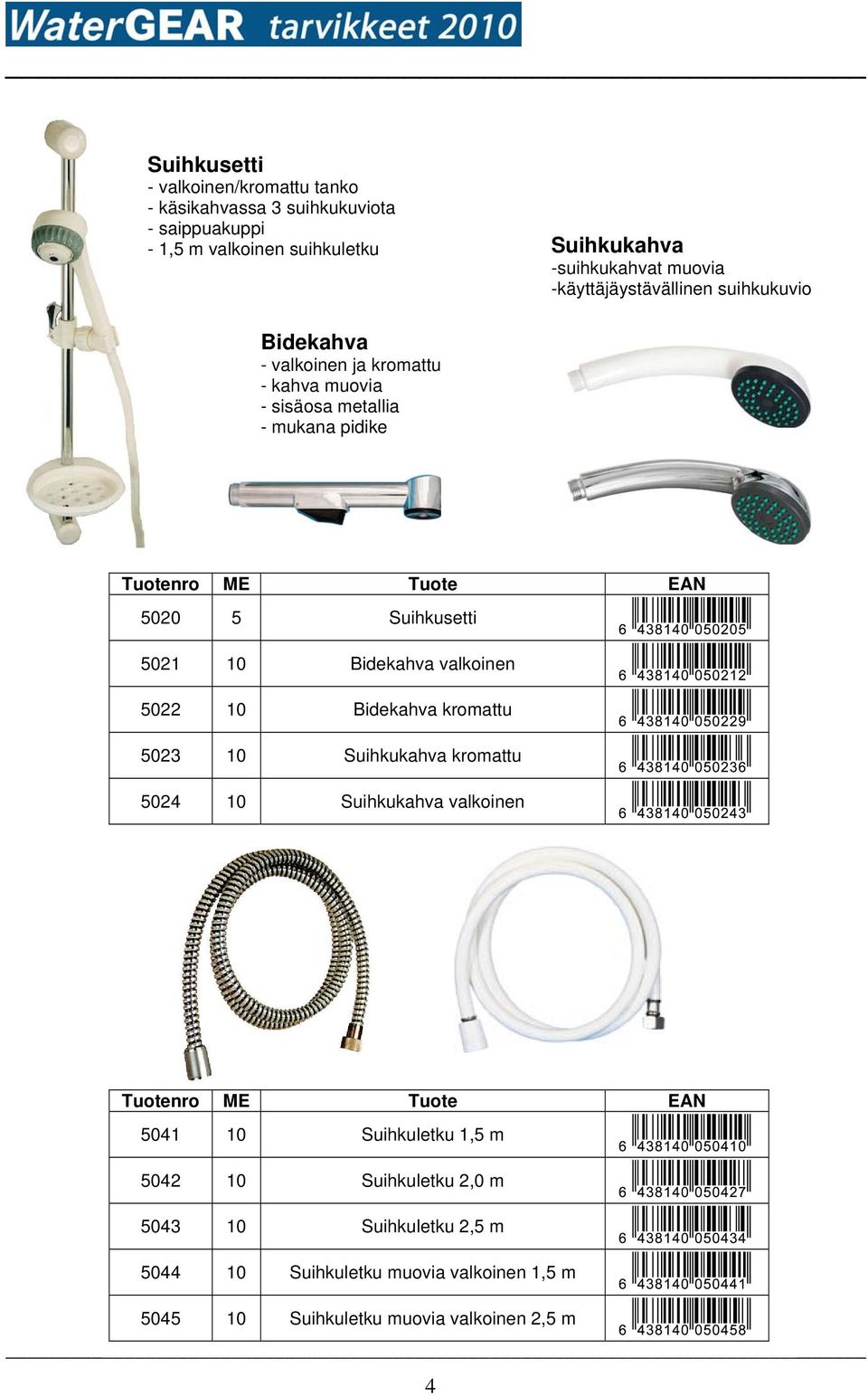Suihkusetti 5021 10 Bidekahva valkoinen 5022 10 Bidekahva kromattu 5023 10 Suihkukahva kromattu 5024 10 Suihkukahva valkoinen 5041 10