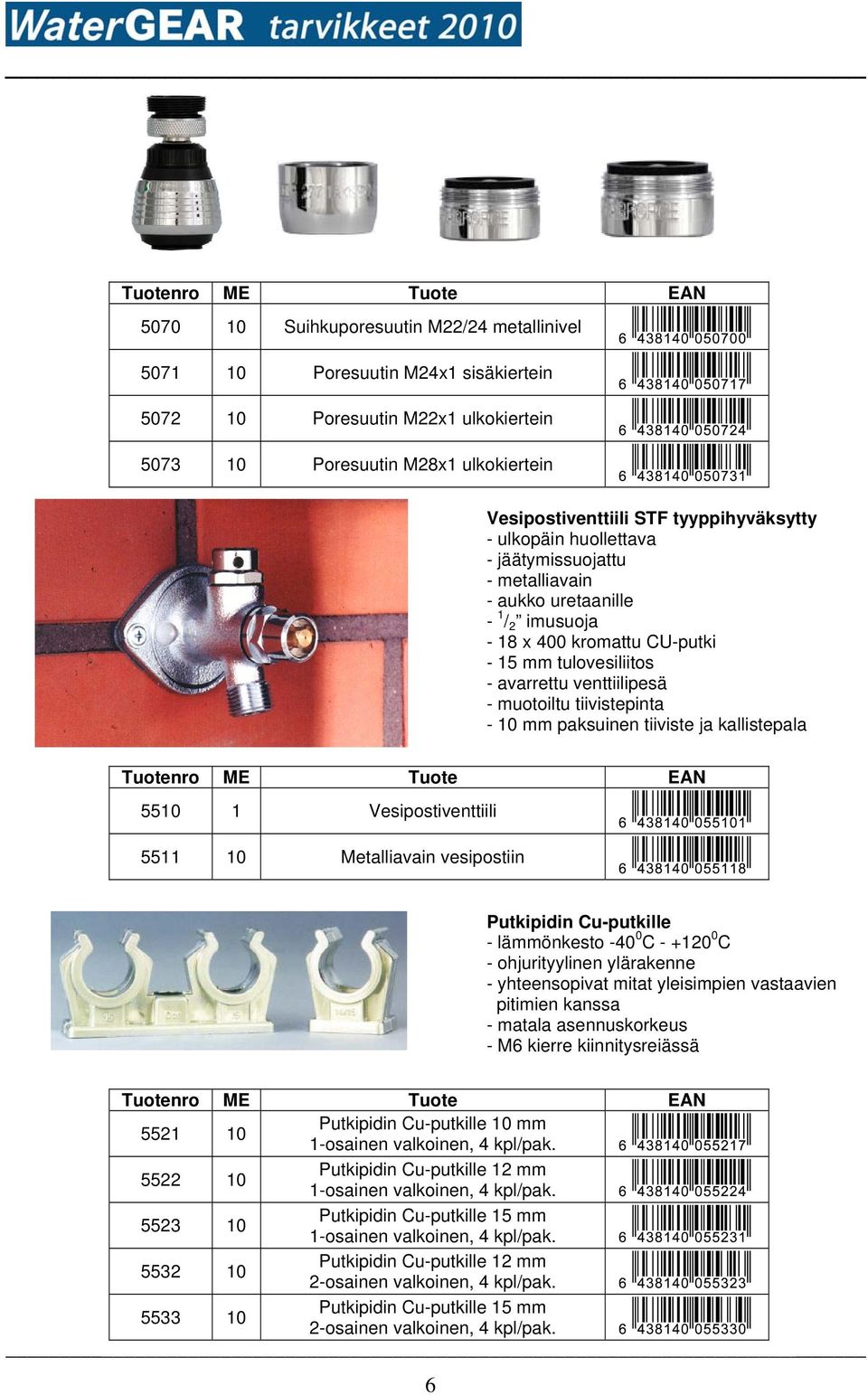 10 mm paksuinen tiiviste ja kallistepala 5510 1 Vesipostiventtiili 5511 10 Metalliavain vesipostiin Putkipidin Cu-putkille - lämmönkesto -40 0 C - +120 0 C - ohjurityylinen ylärakenne - yhteensopivat