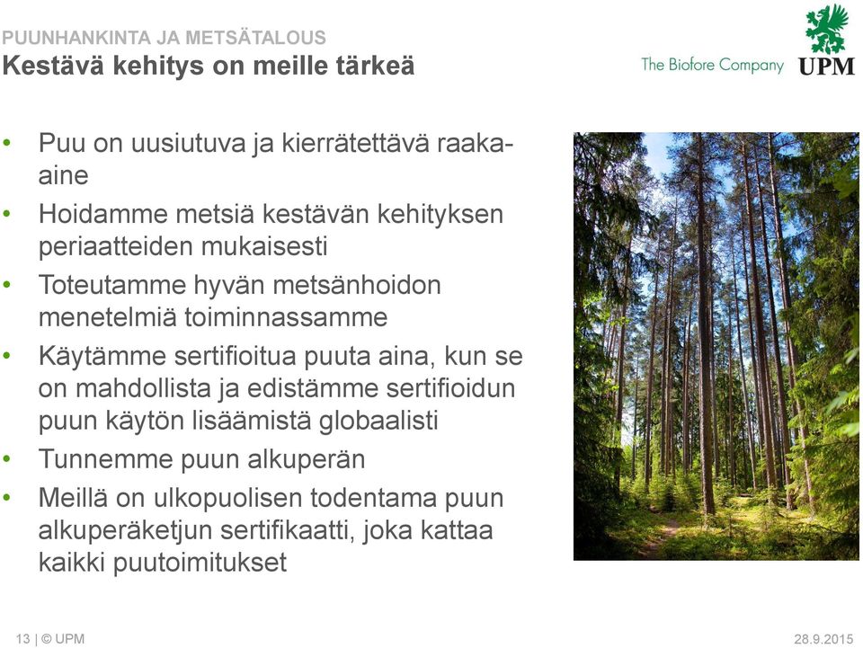 sertifioitua puuta aina, kun se on mahdollista ja edistämme sertifioidun puun käytön lisäämistä globaalisti Tunnemme