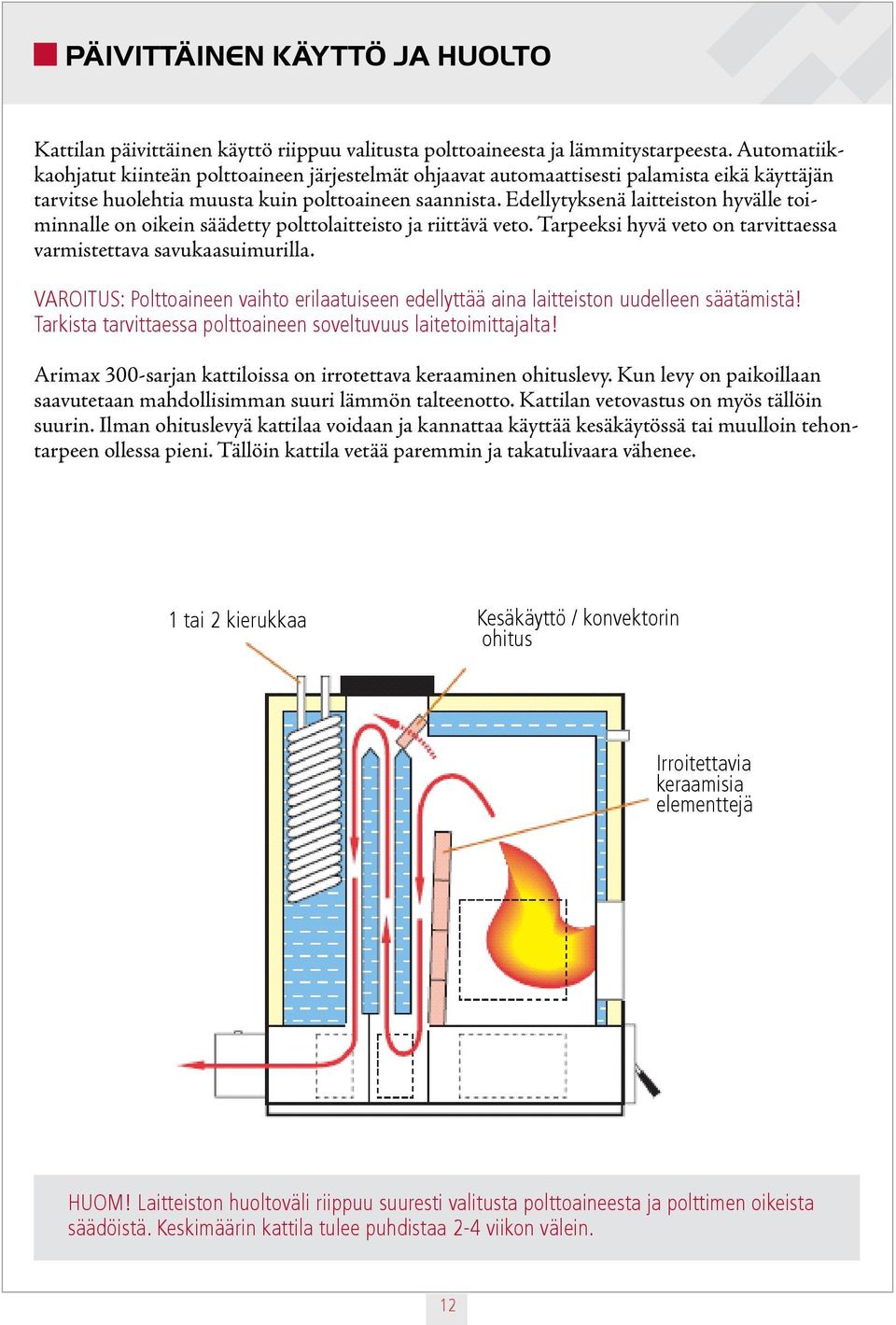 Edellytyksenä laitteiston hyvälle toiminnalle on oikein säädetty polttolaitteisto ja riittävä veto. Tarpeeksi hyvä veto on tarvittaessa varmistettava savukaasuimurilla.