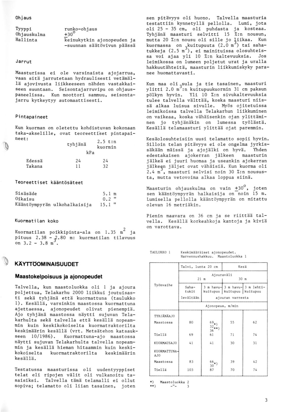 Pintapaineet Kun kuorman on oletettu kohdistuvan kokonaan takaakselille, ovat teoreetti'set pintapaineet: 2.5 t:n t yhjänä kuormin kpa Edessä Takana 24 24 32 11 sen pitävyys oli huono.