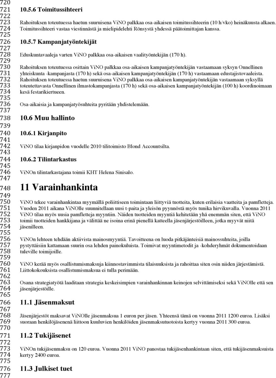 Toimitussihteeri vastaa viestinnästä ja mielipidelehti Rönsystä yhdessä päätoimittajan kanssa. 10.5.7 Kampanjatyöntekijät Eduskuntavaaleja varten ViNO palkkaa osa-aikaisen vaalityöntekijän (170 h).