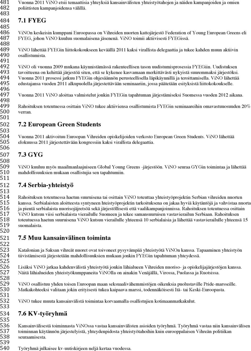 1 FYEG ViNOn keskeisin kumppani Euroopassa on Vihreiden nuorten kattojärjestö Federation of Young European Greens eli FYEG, johon ViNO kuuluu suomalaisena jäsenenä. ViNO toimii aktiivisesti FYEGissä.