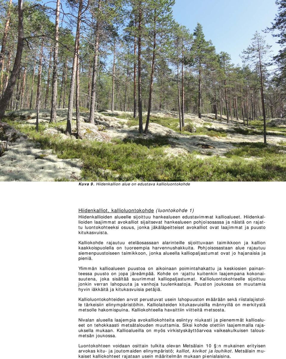 Hiidenkal- lioiden laajimmat avokalliot sijaitsevat hankealueen pohjoisosassa ja näistä on rajat- kitukasvuista.