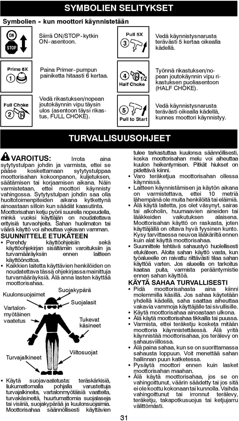 Työnnä rikastuksen/nopean joutokäynnin vipu rikastuksen puoliasentoon (HALF CHOKE). Vedä käynnistysnarusta terävästi oikealla kädellä, kunnes moottori käynnistyy.