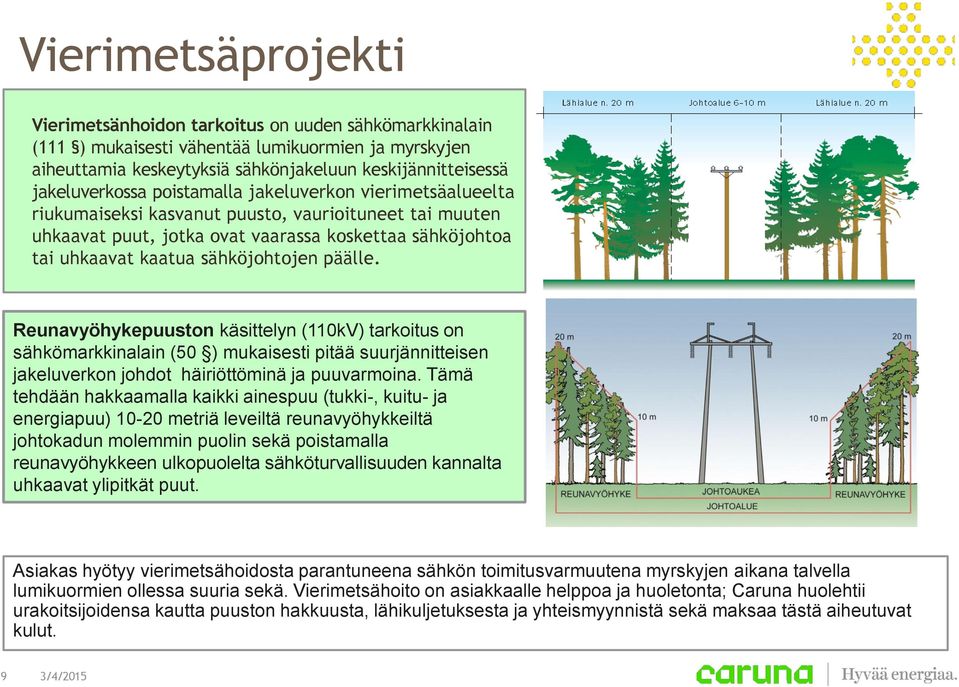 sähköjohtojen päälle. Reunavyöhykepuuston käsittelyn (110kV) tarkoitus on sähkömarkkinalain (50 ) mukaisesti pitää suurjännitteisen jakeluverkon johdot häiriöttöminä ja puuvarmoina.