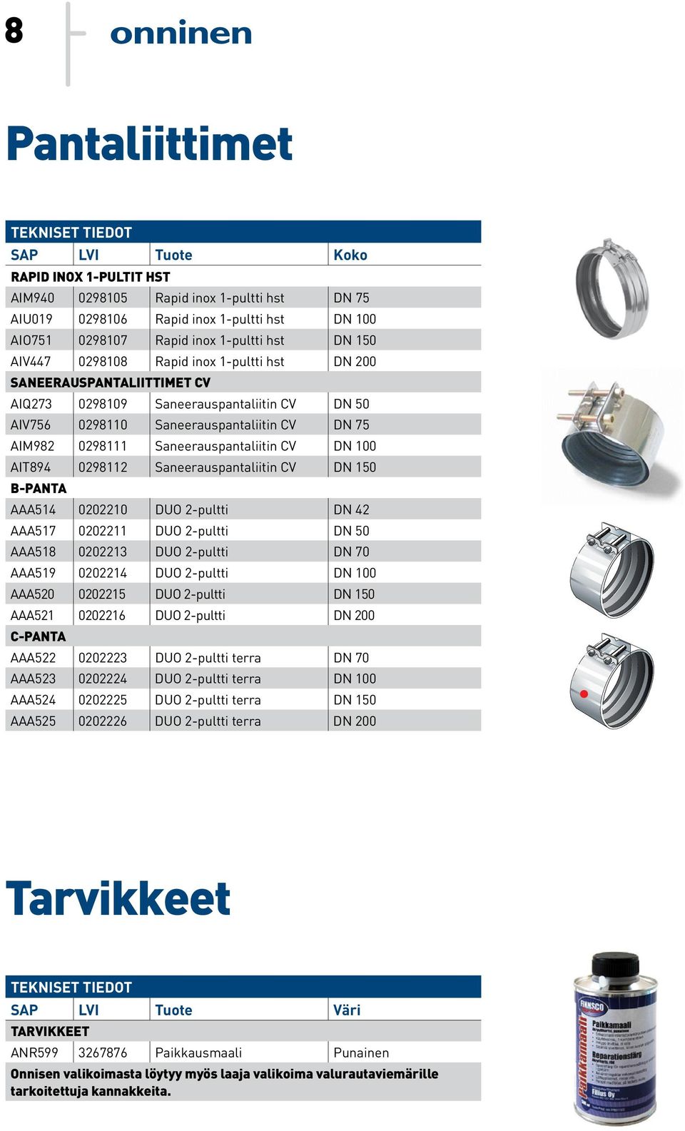 CV DN 100 AIT894 0298112 Saneerauspantaliitin CV DN 150 B-PANTA AAA514 0202210 DUO 2-pultti DN 42 AAA517 0202211 DUO 2-pultti DN 50 AAA518 0202213 DUO 2-pultti DN 70 AAA519 0202214 DUO 2-pultti DN