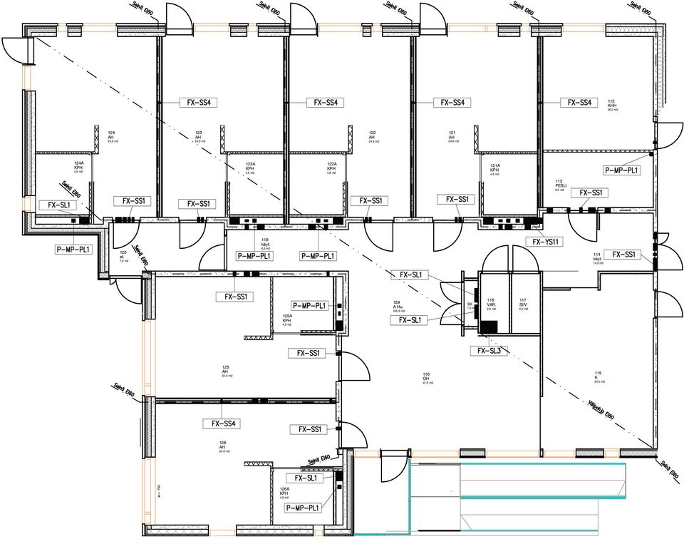 6,5 m2 114 käyt. 1 129 A Hu, 15,5 m2 SK 1, m2 118 VA.