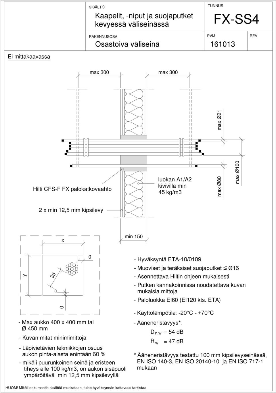 ETA) - Max aukko 4 x 4 mm tai Ø 45 mm - Kuvan mitat minimimittoja - Läpivietävien tekniikkojen osuus aukon pinta-alasta enintään 6 % - mikäli puurunkoinen seinä ja eristeen tiheys alle 1