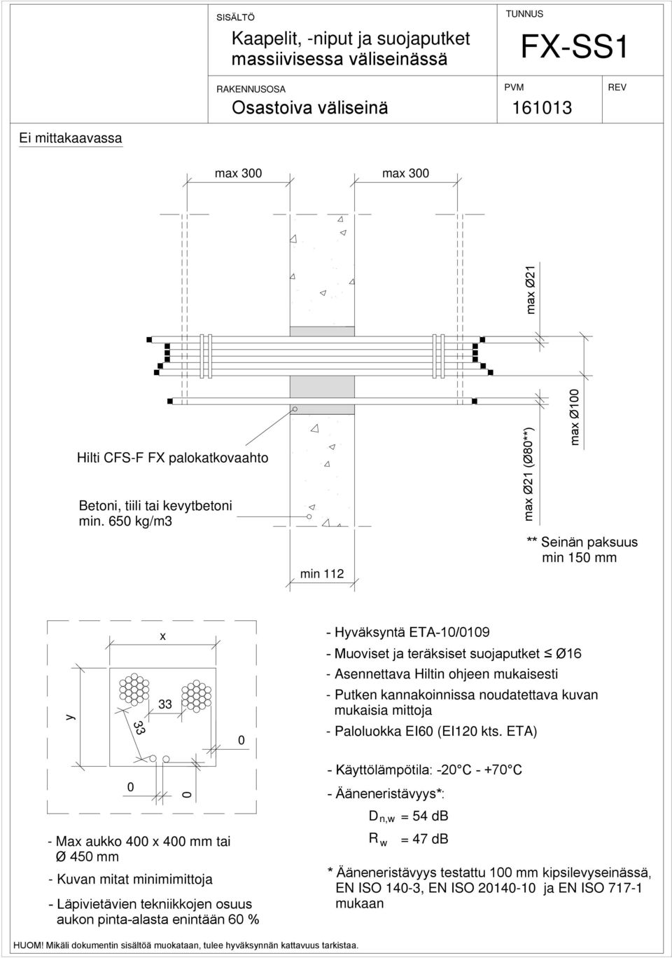 65 kg/m3 min 112 max Ø1 ** Seinän paksuus min 15 mm y x - Hyväksyntä ETA-1/19 - Muoviset ja teräksiset suojaputket Ø16 mukaisia mittoja - Paloluokka EI6 (EI12 kts.