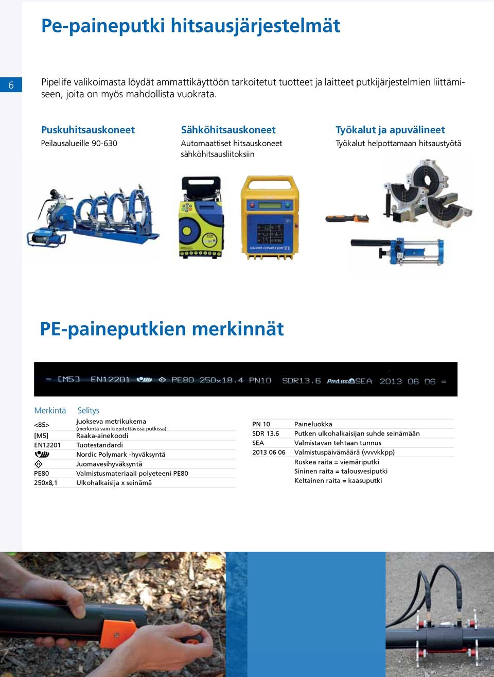 Merkintä <85> juokseva metrikukema (merkintä vain kiepitettävissä putkissa) [M5] Raaka-ainekoodi EN12201 Tuotestandardi Nordic Polymark -hyväksyntä FI Juomavesihyväksyntä PE80 Valmistusmateriaali