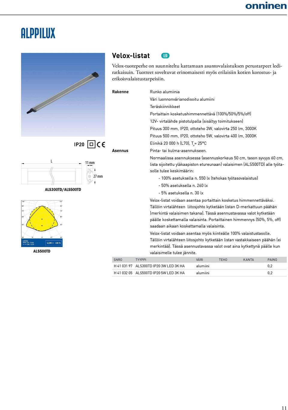 IP20, ottoteho 3W, valovirta 250 lm, 3000K Pituus 500 mm, IP20, ottoteho 5W, valovirta 400 lm, 3000K Elinikä 20 000 h (L70), T a = 25 C Pinta- tai kulma-asennukseen.