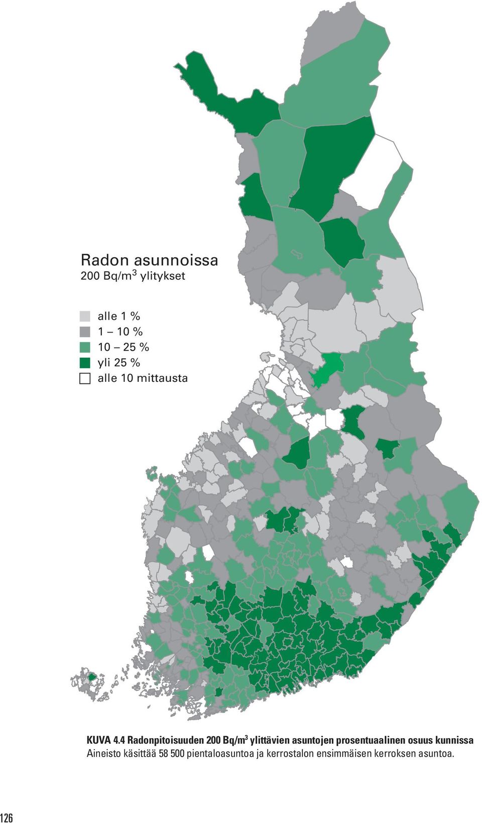 4 Radonpitoisuuden 200 Bq/m 3 ylittävien asuntojen prosentuaalinen