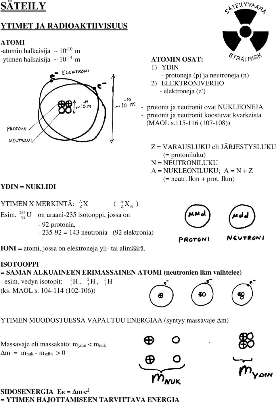 115-116 (107-108)) YDIN = NUKLIDI Z = VARAUSLUKU eli JÄRJESTYSLUKU (= protoniluku) N = NEUTRONILUKU A = NUKLEONILUKU; A = N Z (= neutr. lkm prot. lkm) YTIMEN X MERKINTÄ: Esim.