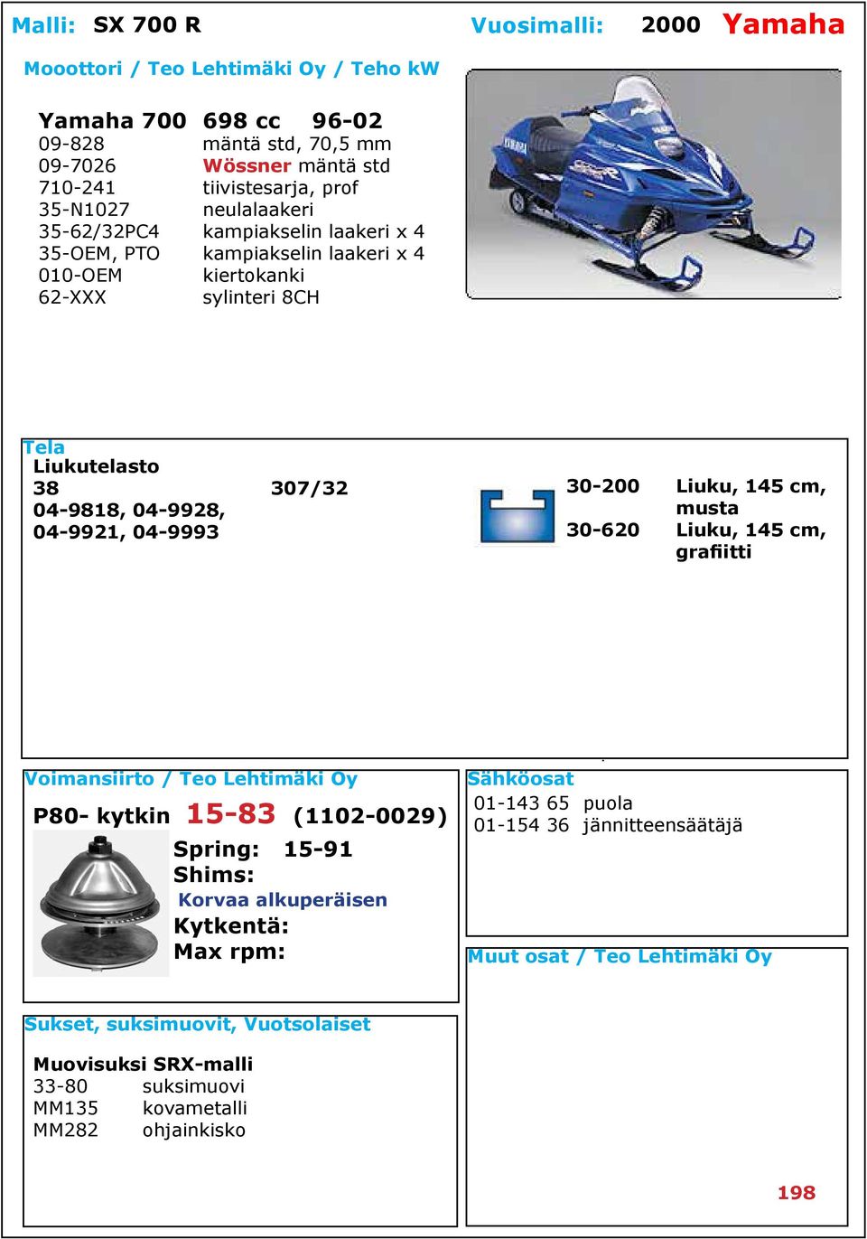 sylinteri 8CH Liukutelasto 38 307/32 04-9818, 04-9928, 04-9921, 04-9993 P80- kytkin 15-83 (1102-0029) Spring: 15-91 Shims: