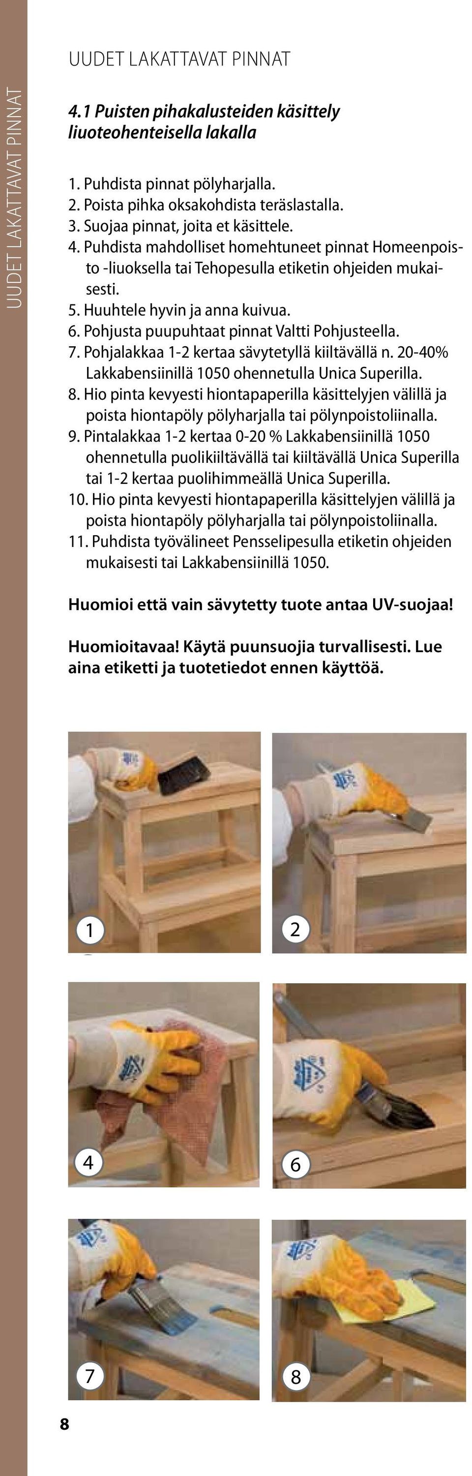 Pohjalakkaa 1-2 kertaa sävytetyllä kiiltävällä n. 20-40% Lakkabensiinillä 1050 ohennetulla Unica Superilla. 8.