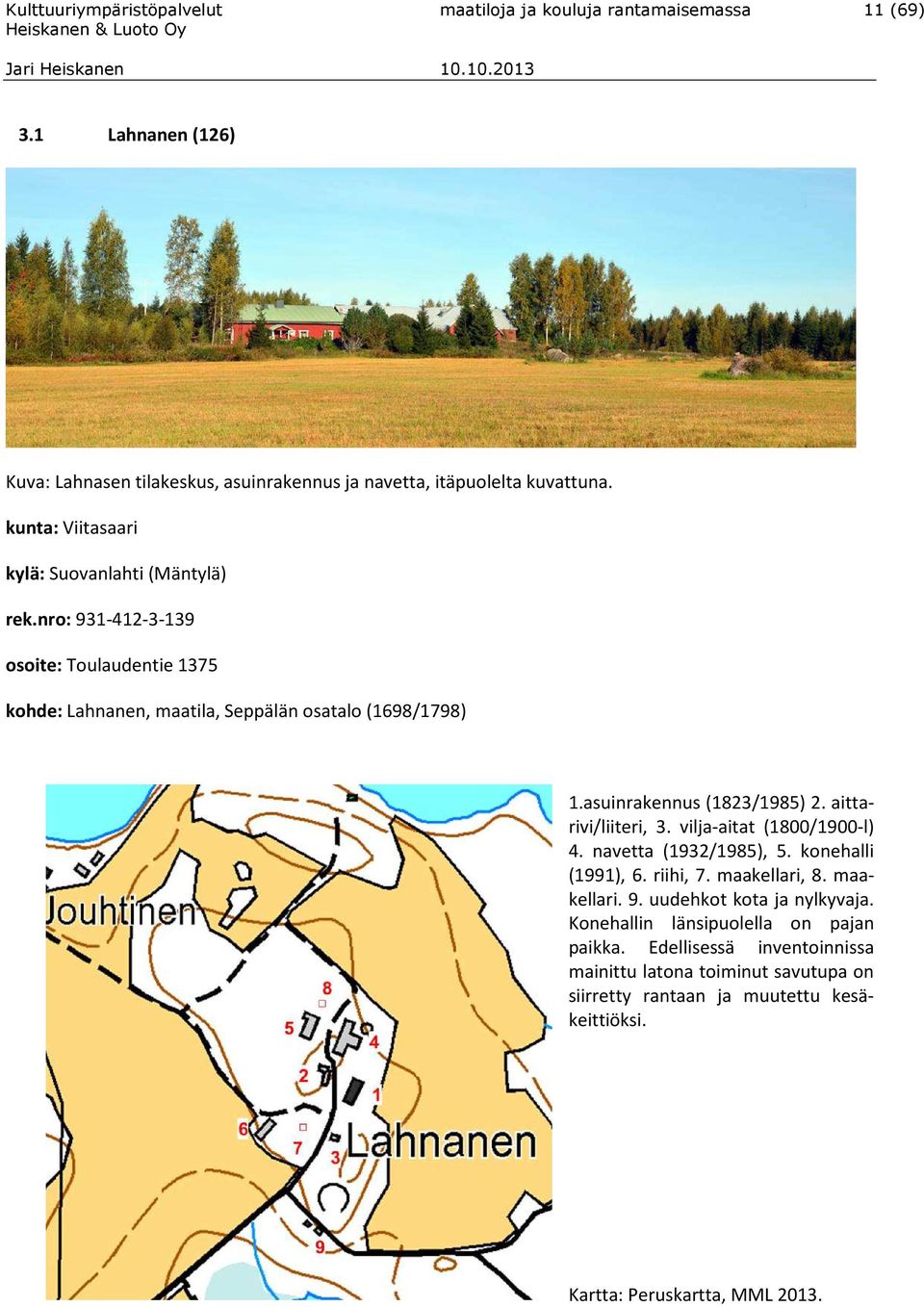 asuinrakennus (1823/1985) 2. aittarivi/liiteri, 3. vilja-aitat (1800/1900-l) 4. navetta (1932/1985), 5. konehalli (1991), 6. riihi, 7. maakellari, 8. maakellari. 9.
