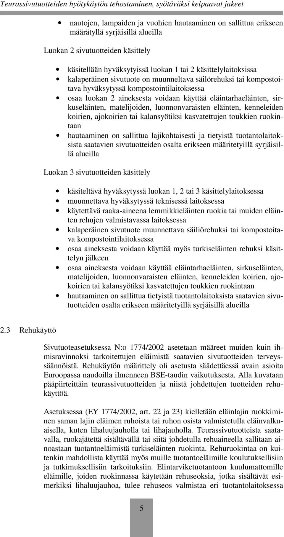 luonnonvaraisten eläinten, kenneleiden koirien, ajokoirien tai kalansyötiksi kasvatettujen toukkien ruokintaan hautaaminen on sallittua lajikohtaisesti ja tietyistä tuotantolaitoksista saatavien