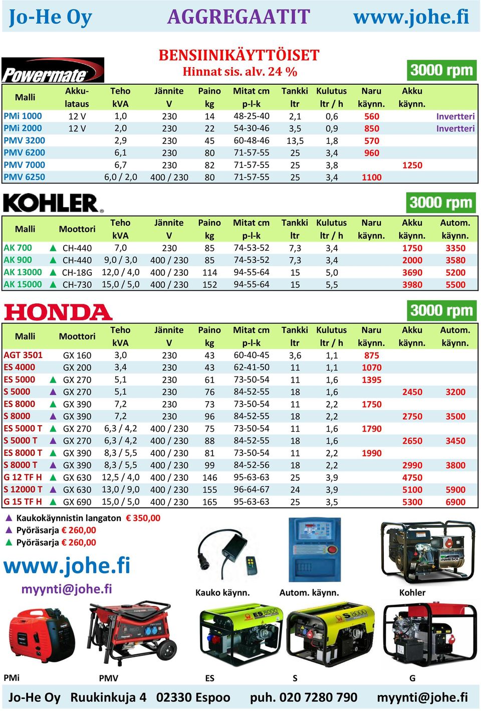Teho Jännite Paino Mitat cm Tankki Kulutus Naru Akku PMi 1000 12 V 1,0 230 14 48-25-40 2,1 0,6 560 Invertteri PMi 2000 12 V 2,0 230 22 54-30-46 3,5 0,9 850 Invertteri PMV 3200 2,9 230 45 60-48-46