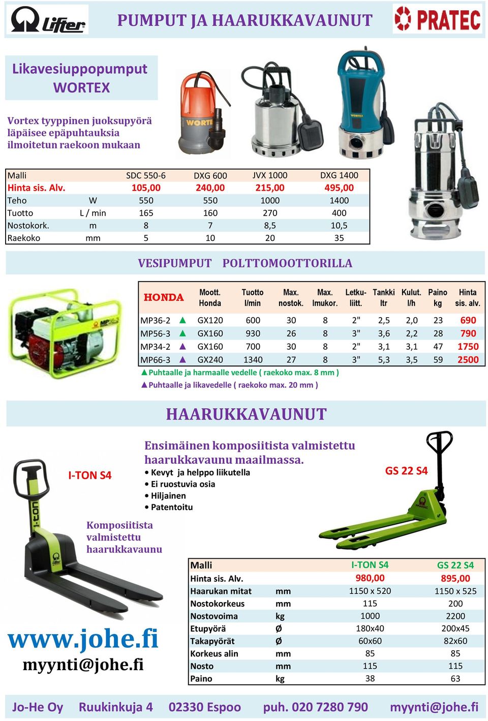 m 8 7 Raekoko mm 5 10 JVX 1000 215,00 1000 270 8,5 20 DXG 1400 495,00 1400 400 10,5 35 VESIPUMPUT POLTTOMOOTTORILLA I-TON S4 HONDA Komposiitista valmistettu haarukkavaunu www.johe.fi myynti@johe.