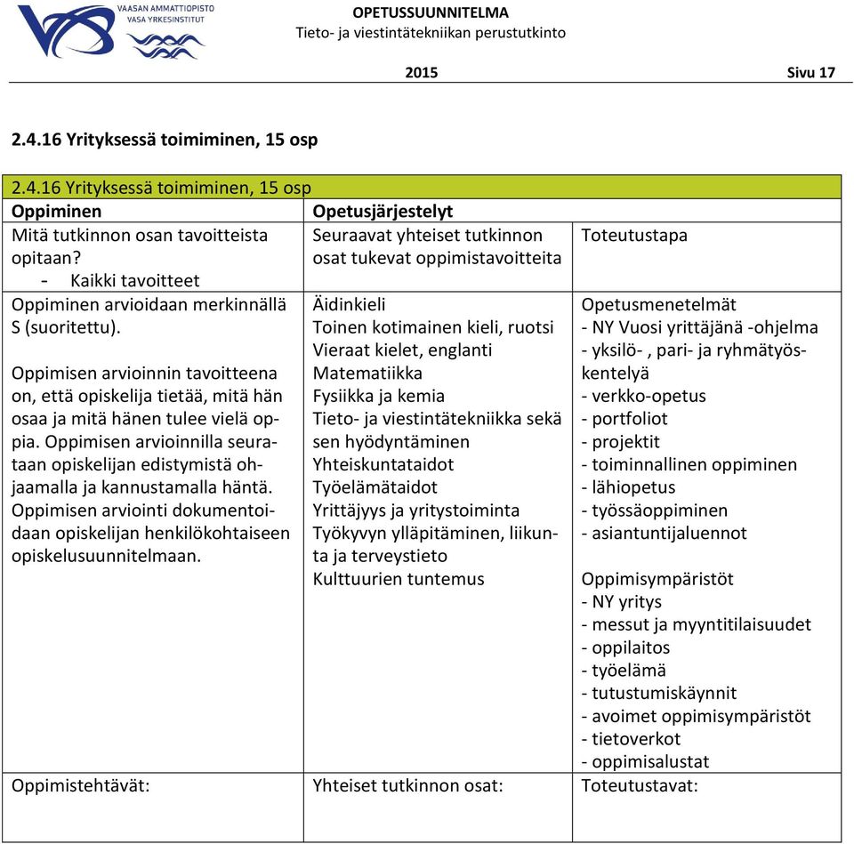 16 Yrityksessä toimiminen, 15 osp - Kaikki tavoitteet Äidinkieli Toinen kotimainen kieli, ruotsi Vieraat kielet, englanti Matematiikka Fysiikka ja kemia Tieto- ja viestintätekniikka