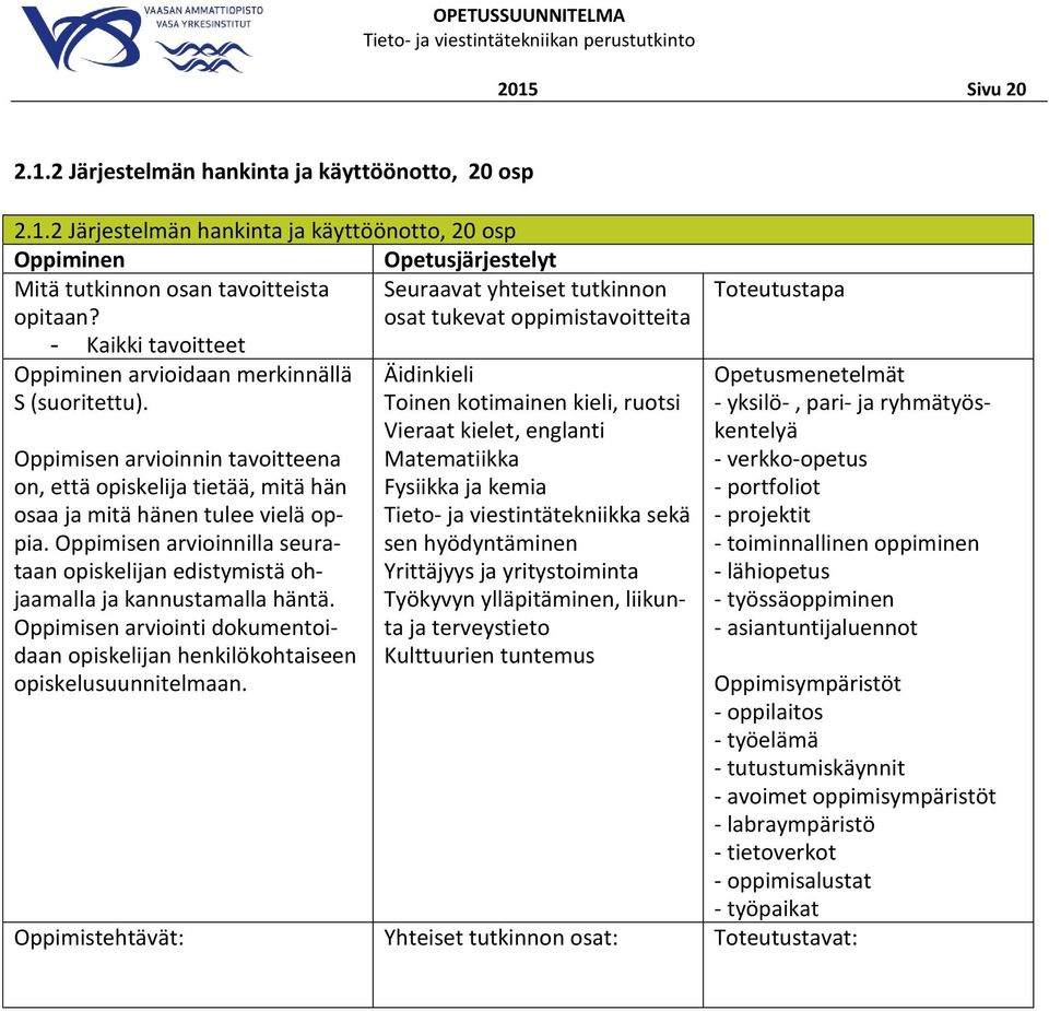 ylläpitäminen, liikunta ja terveystieto Kulttuurien tuntemus - yksilö-, pari- ja ryhmätyöskentelyä - verkko-opetus - portfoliot - projektit - toiminnallinen oppiminen -