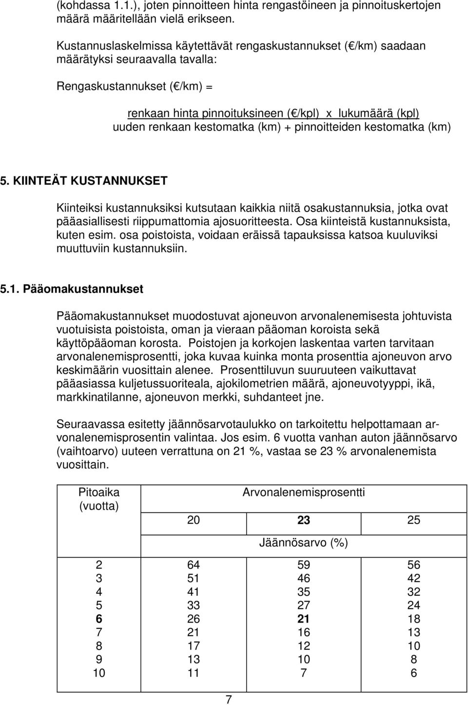 kestomatka (km) + pinnoitteiden kestomatka (km) 5. KIINTEÄT KUSTANNUKSET Kiinteiksi kustannuksiksi kutsutaan kaikkia niitä osakustannuksia, jotka ovat pääasiallisesti riippumattomia ajosuoritteesta.