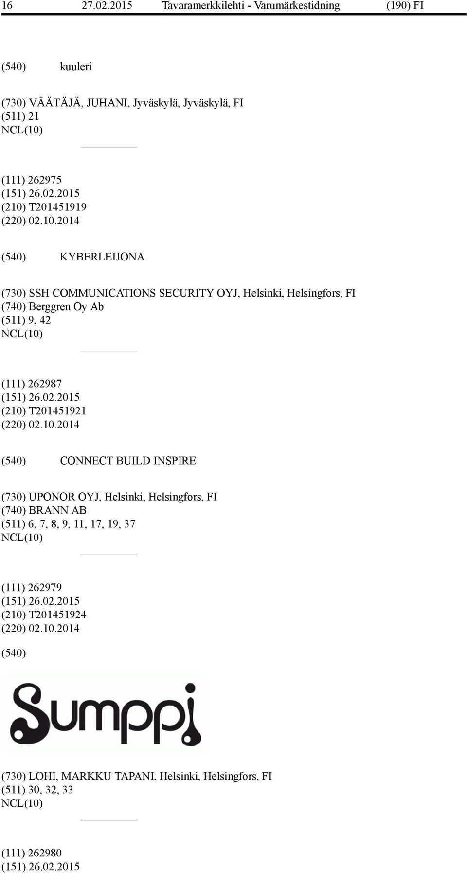 2014 KYBERLEIJONA (730) SSH COMMUNICATIONS SECURITY OYJ, Helsinki, Helsingfors, FI (740) Berggren Oy Ab (511) 9, 42 (111) 262987