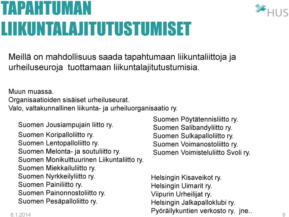 Suomen Melonta- ja soutuliitto ry. Suomen Monikulttuurinen Liikuntaliitto ry. Suomen Miekkailuliitto ry. Suomen Nyrkkeilyliitto ry. Suomen Painiliitto ry. Suomen Painonnostoliitto ry.