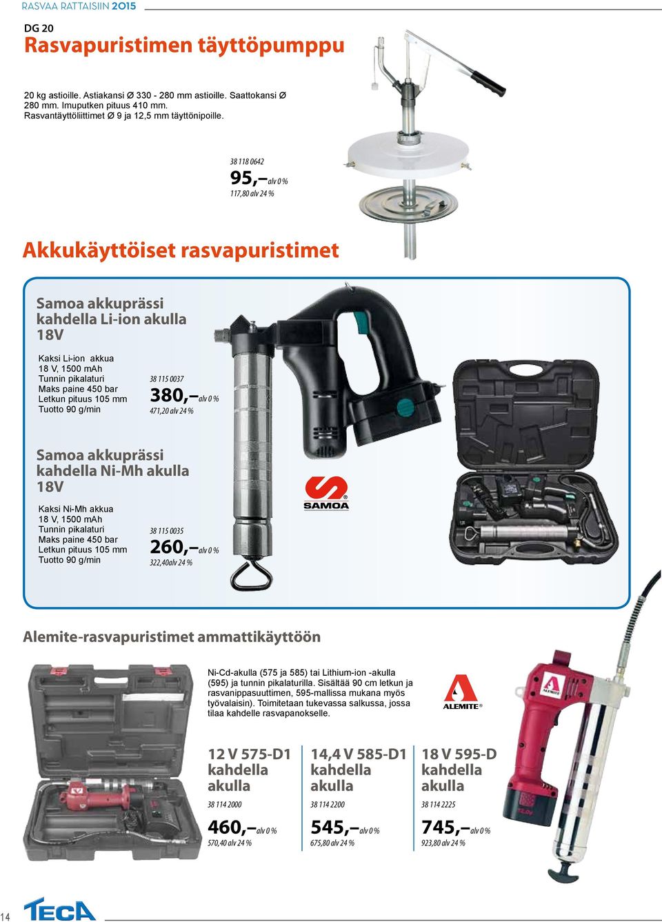 Tuotto 90 g/min 38 115 0037 380, 471,20 alv 24 % Samoa akkuprässi kahdella Ni-Mh akulla 18V Kaksi Ni-Mh akkua 18 V, 1500 mah Tunnin pikalaturi Maks paine 450 bar Letkun pituus 105 mm Tuotto 90 g/min