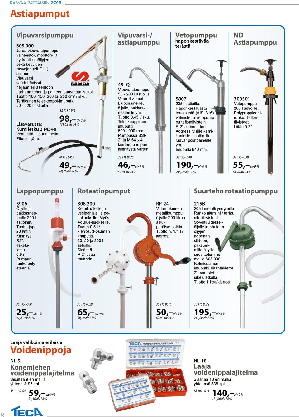 38 118 0450 98, Lisävaruste: 121,52 alv 24 % Kumiletku 314540 Venttiilillä ja suuttimella. Pituus 1,5 m. Vipuvarsi-/ astiapumppu 45 Q Vipuvarsipumppu 50-200 l astioille. Viton-tiivisteet.