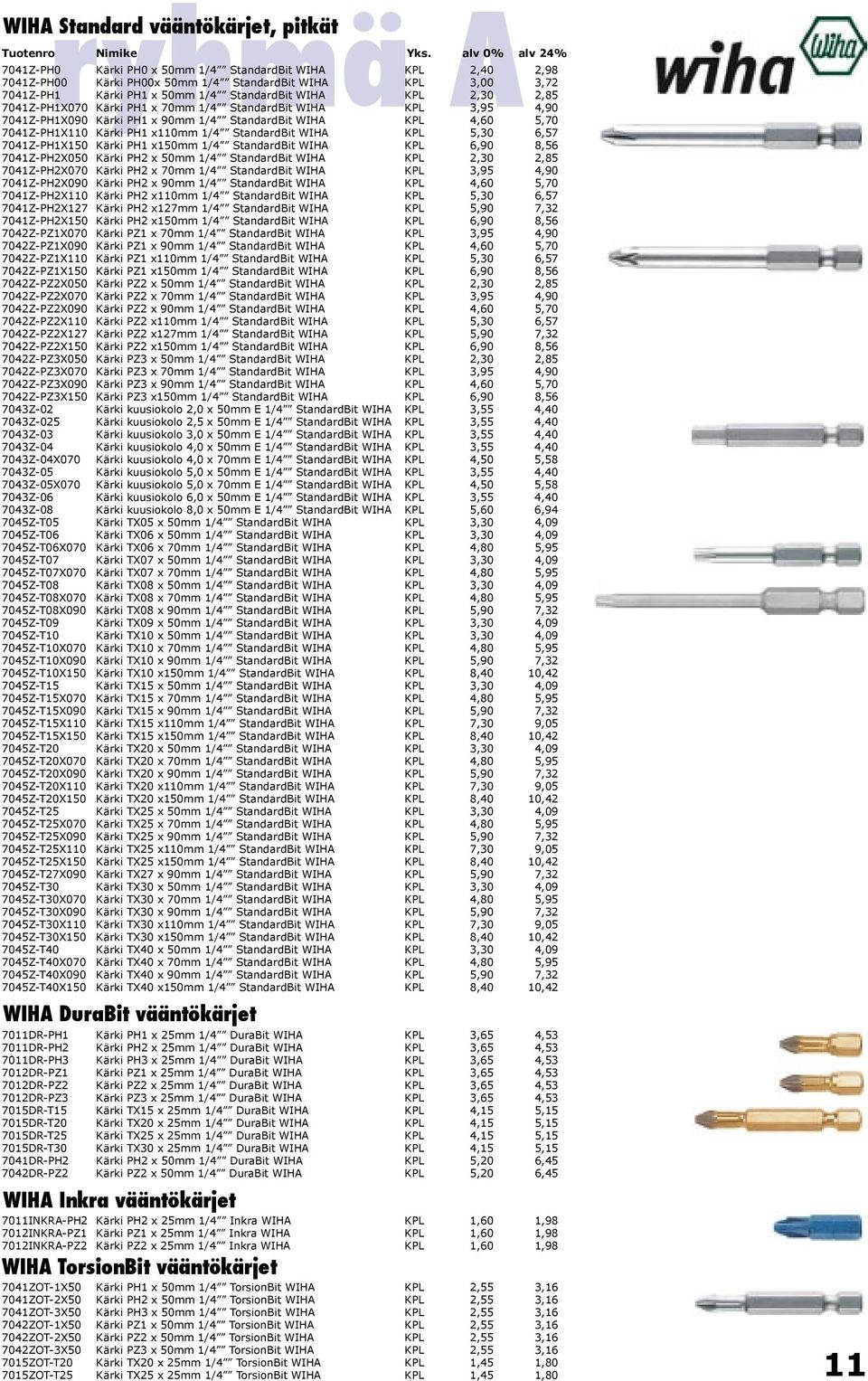 StandardBit WIHA KPL 5,30 6,57 7041Z-PH1X150 Kärki PH1 x150mm 1/4 StandardBit WIHA KPL 6,90 8,56 7041Z-PH2X050 Kärki PH2 x 50mm 1/4 StandardBit WIHA KPL 2,30 2,85 7041Z-PH2X070 Kärki PH2 x 70mm 1/4