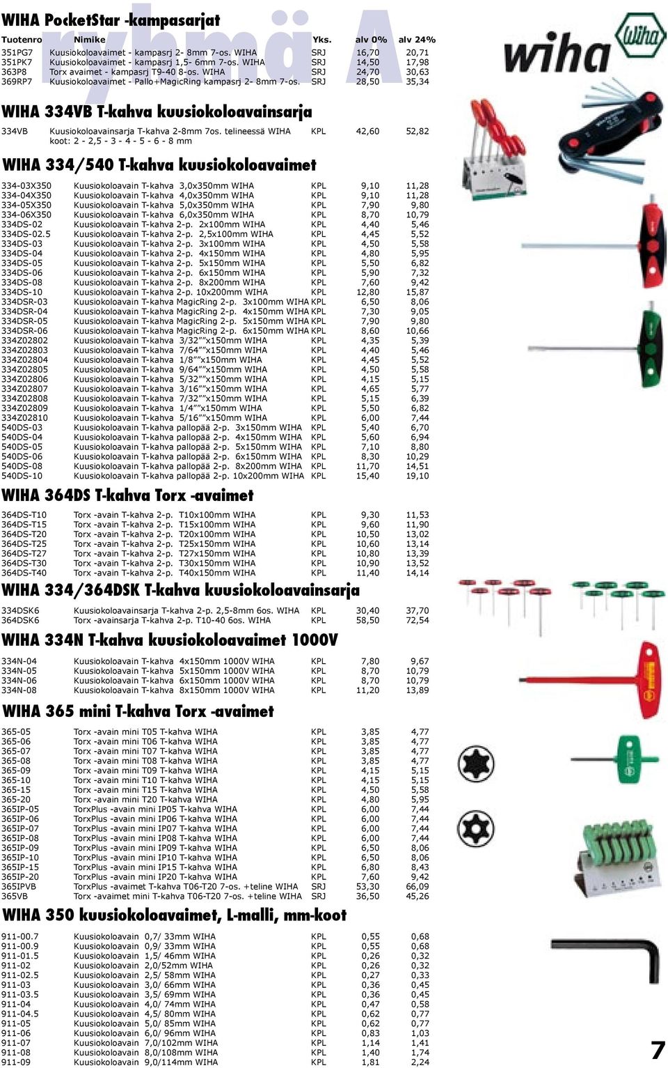 SRJ 28,50 35,34 WIHA PocketStar -kampasarjat WIHA 334VB T-kahva kuusiokoloavainsarja 334VB Kuusiokoloavainsarja T-kahva 2-8mm 7os.